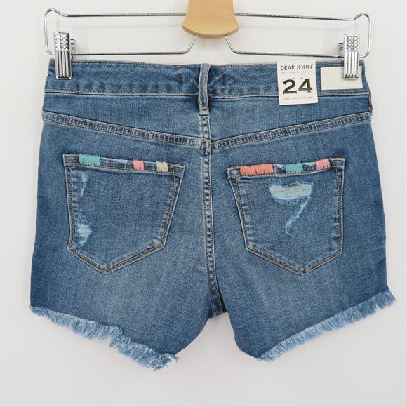 Dear John Women 24 Bloomfield Embroidered Distressed Hem Denim Jean Shorts NEW - Picture 4 of 11